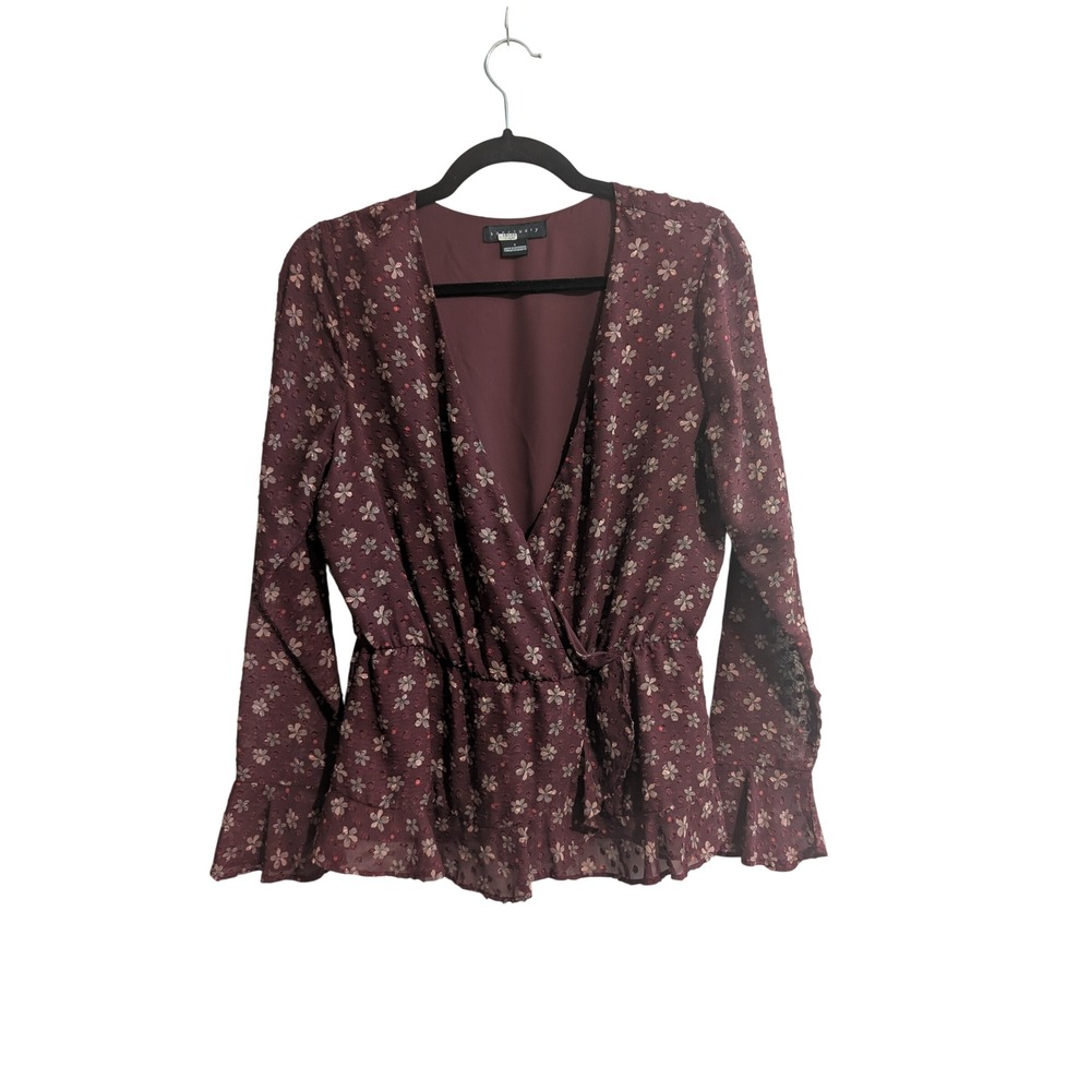 Sanctuary Peplum Blouse Womens Small Burgundy Floral Clip Dot Surplice Top